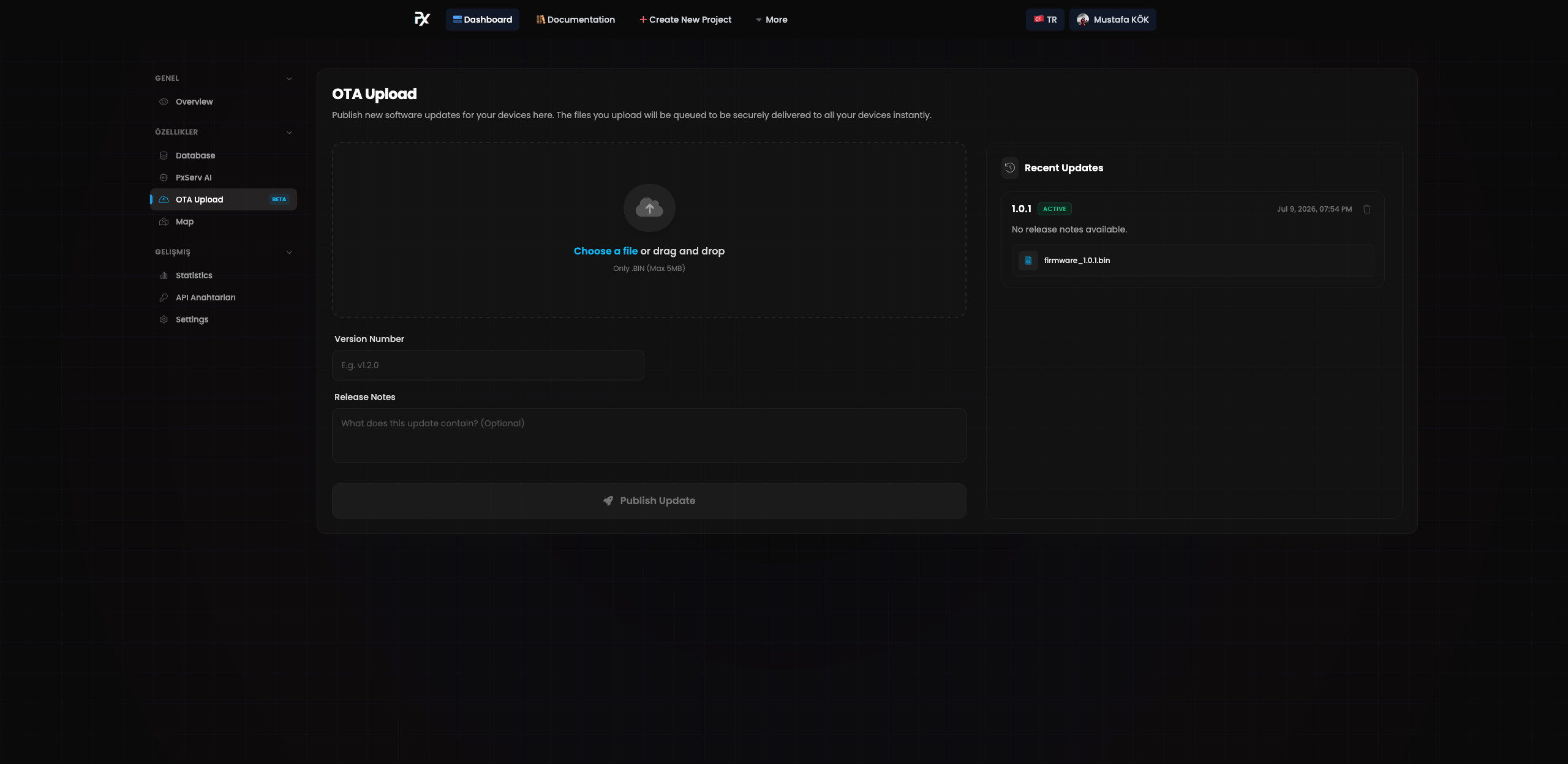 PxServ OTA panel overview